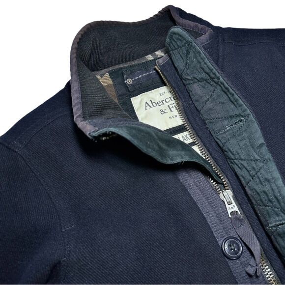 VTG Y2K Abercrombie & Fitch Elk Lake Jacket M Navy Wool Plaid Lined Field Coat - Picture 3 of 11